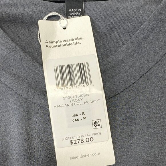 NEW EILEEN FISHER Women’s Button-Up Shirt Grey Size S Ebony Mandarin Collar Long - Picture 3 of 9